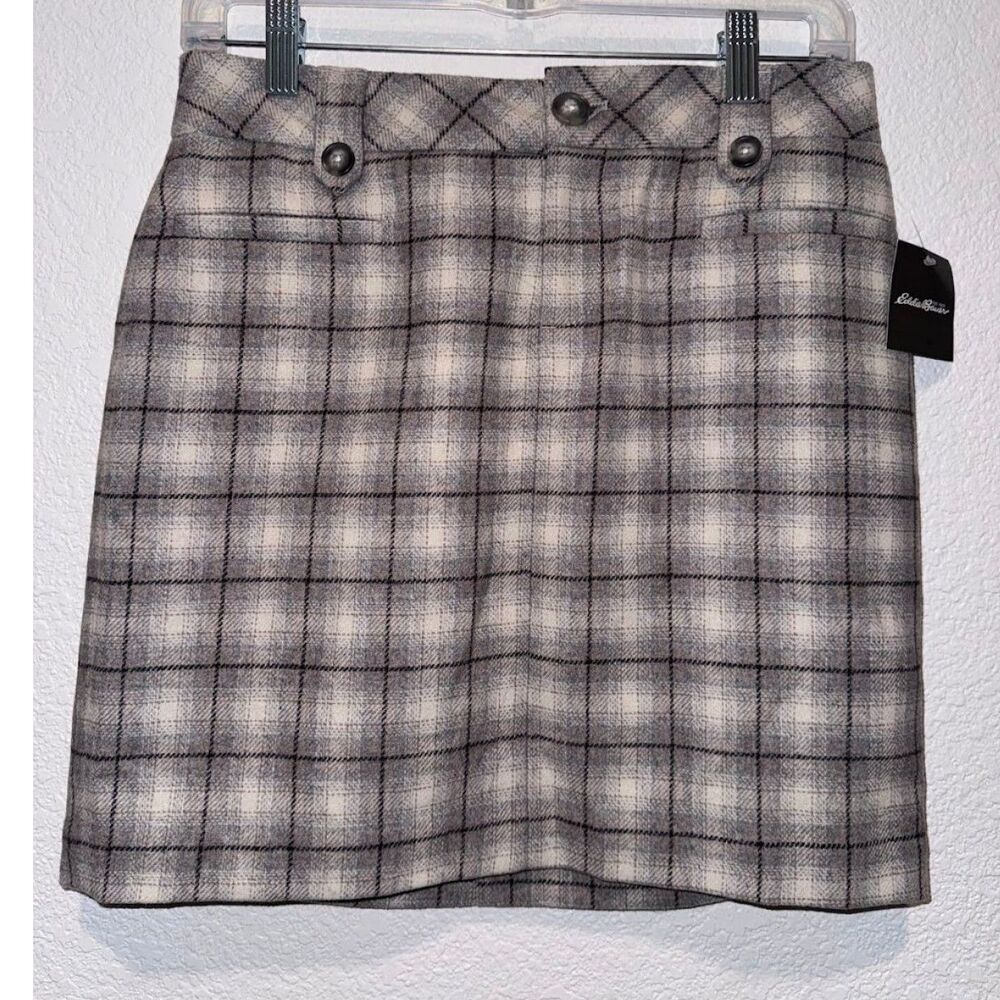 NWT Eddie Bauer Wool Plaid Skirt Petite 2 Gray Cream Lined